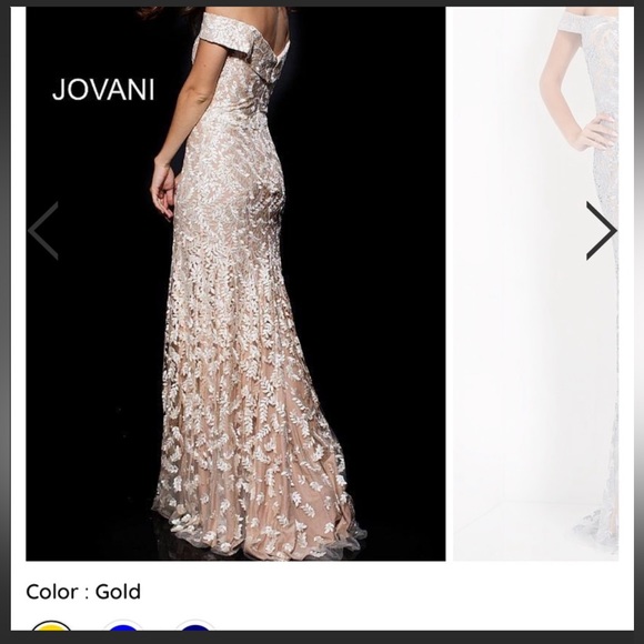 Jovani gold embroidered off the shoulder fitted dress. Size 6.
Style # 49634. - Picture 3 of 6